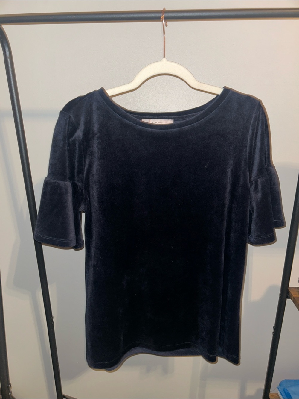 LOFT Dark Blue Velvet Ruffle-Sleeve Blouse size small